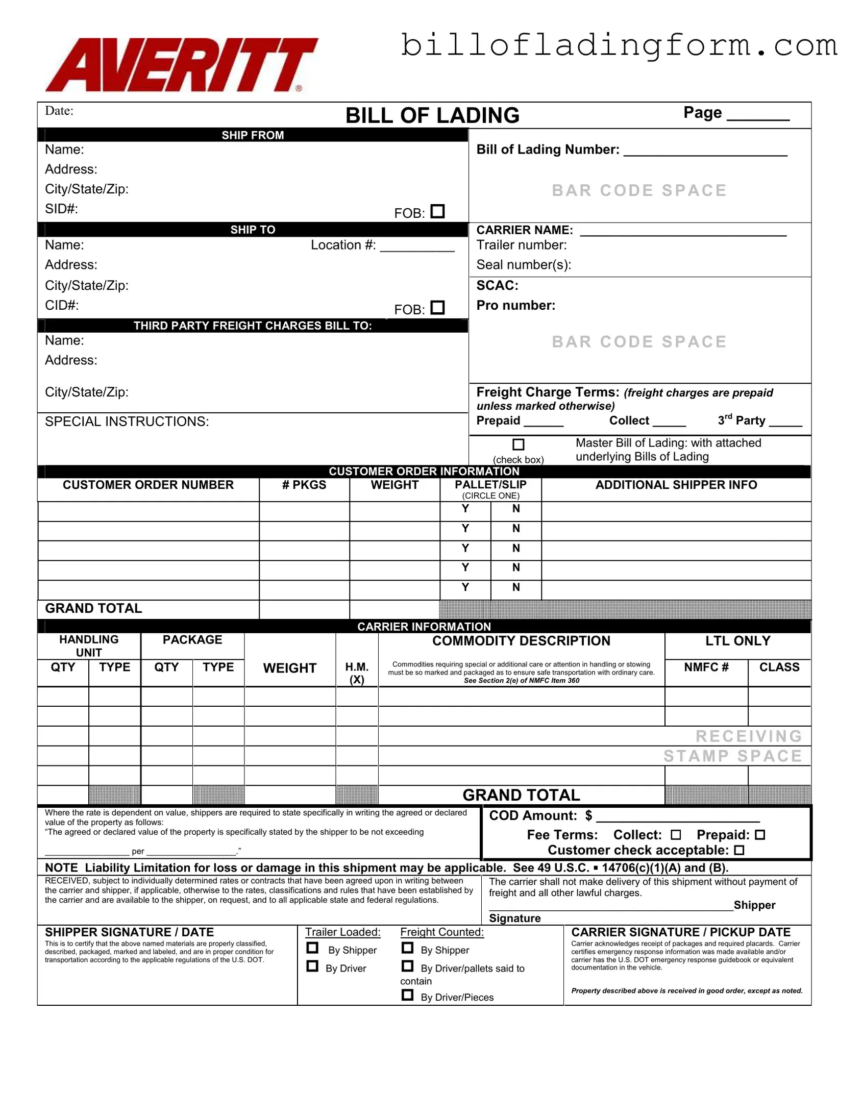 Fill Out a Valid Bill Of Lading Averitt Template