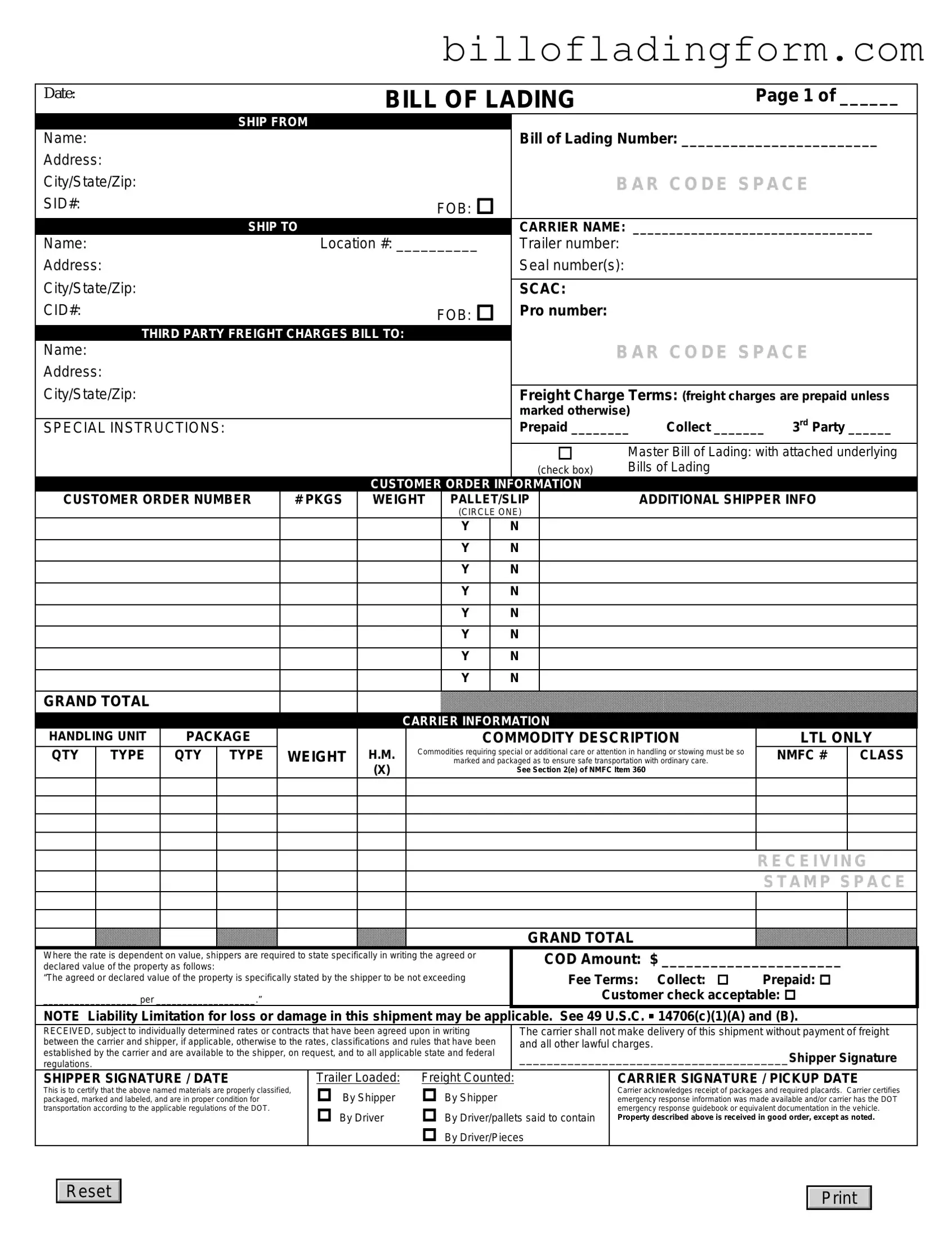 Fill Out a Valid Bill Of Lading Template