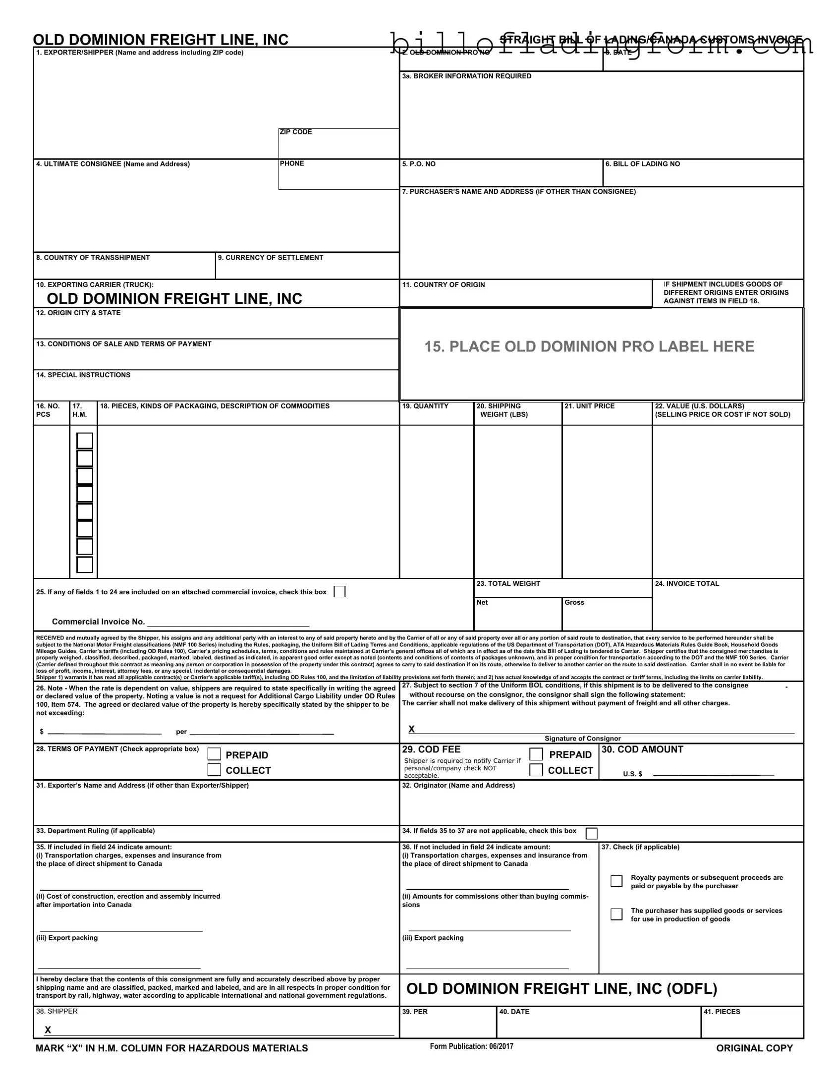 Fill Out a Valid Canada Straight Bill Of Lading Template