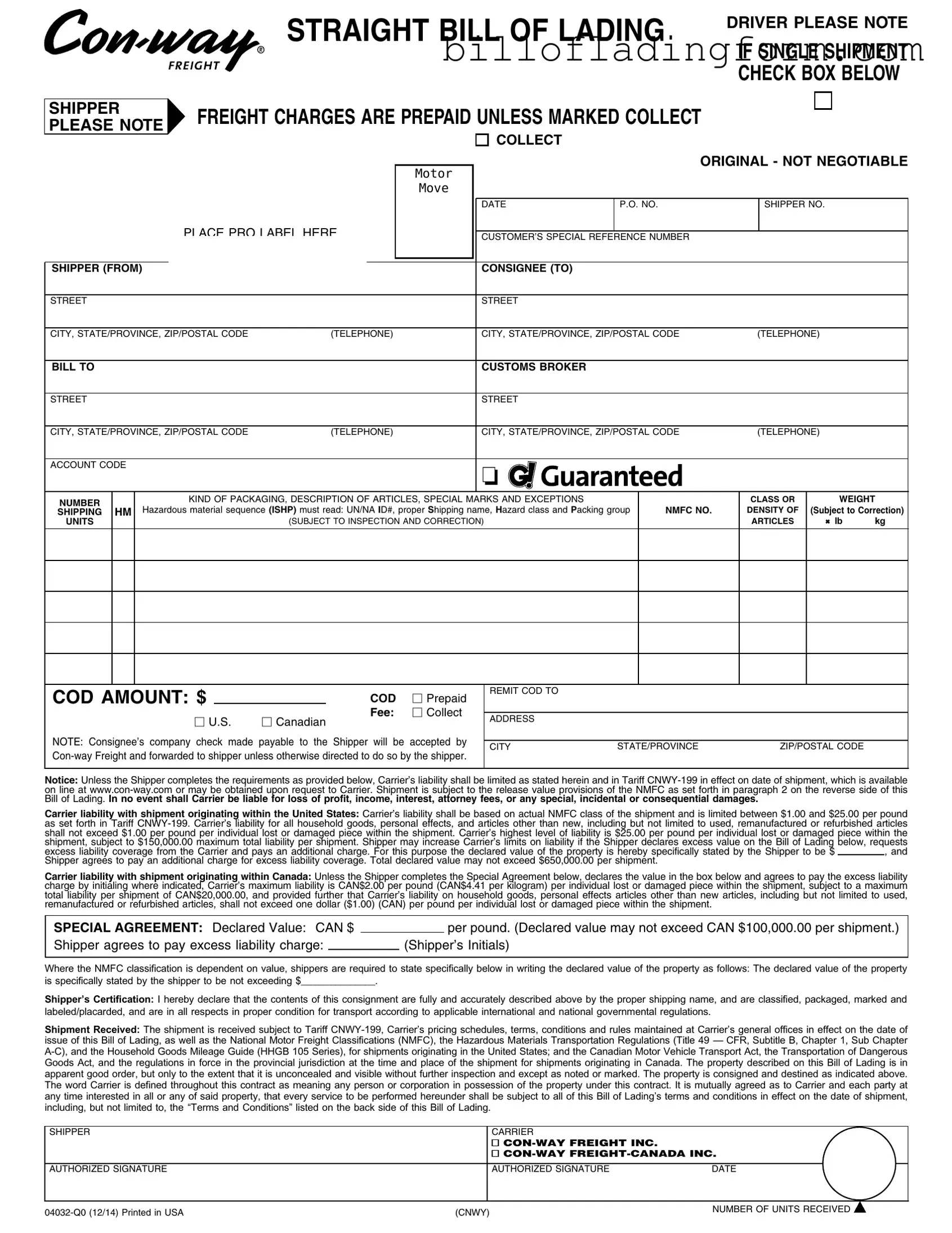 Fill Out a Valid Con Way Bill Of Lading Template
