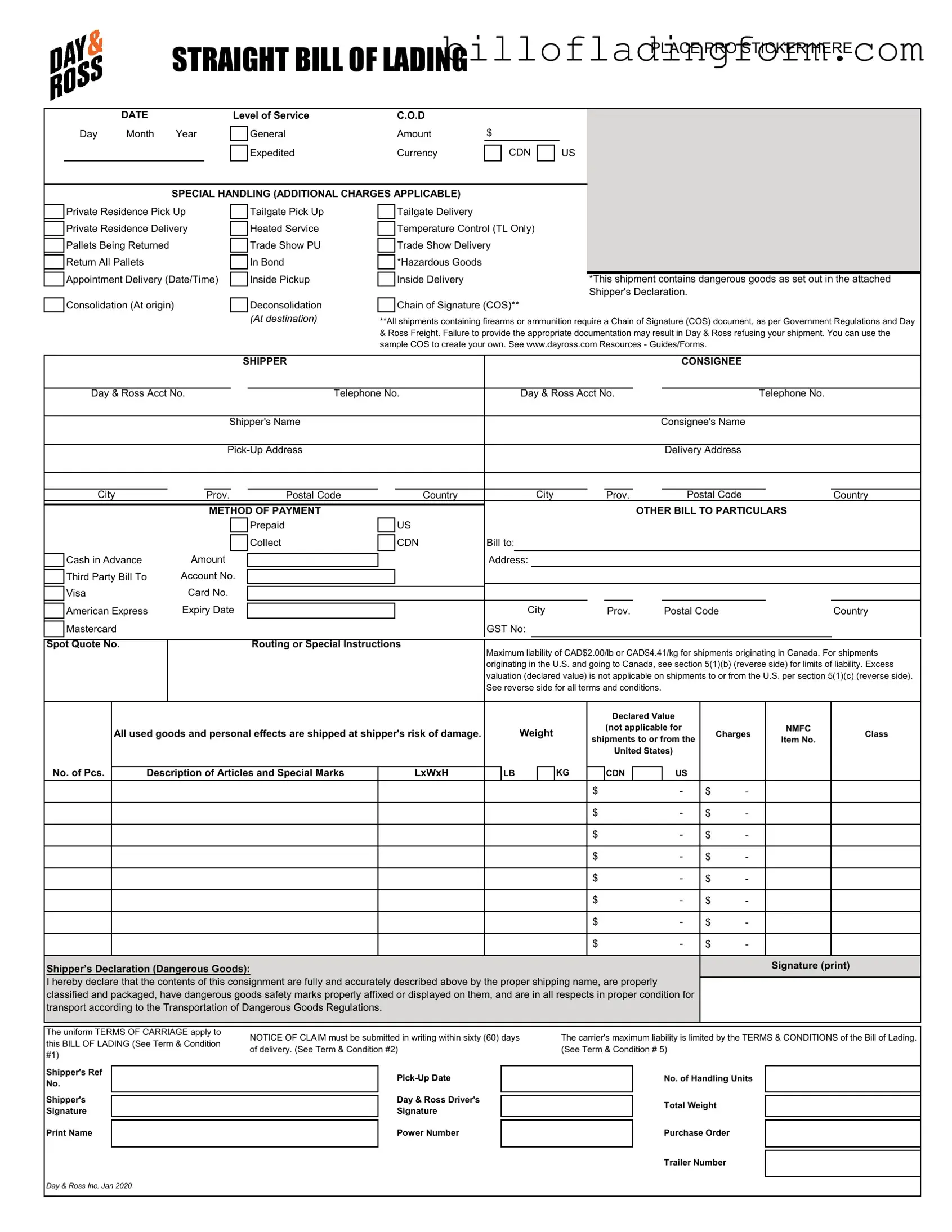 Fill Out a Valid Day And Ross Bill Of Lading Template