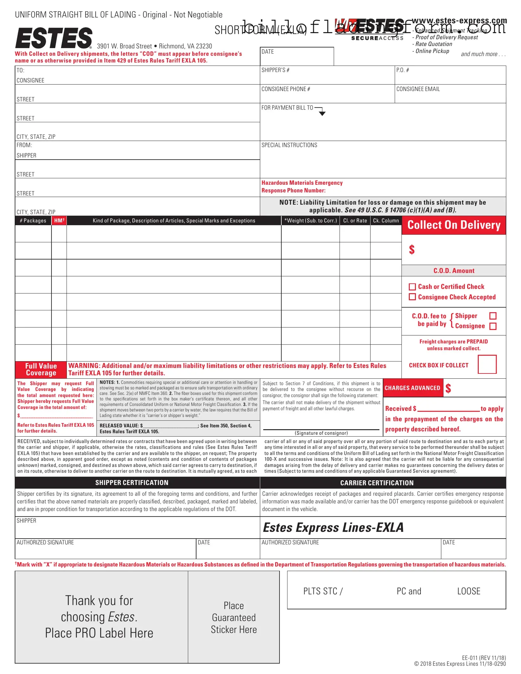 Fill Out a Valid Estes Express Bill Of Lading Template