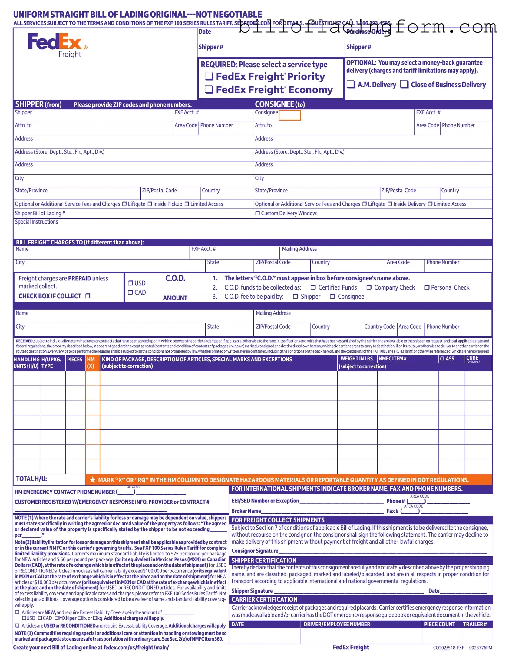 Fill Out a Valid Fedex Bill Of Lading Template