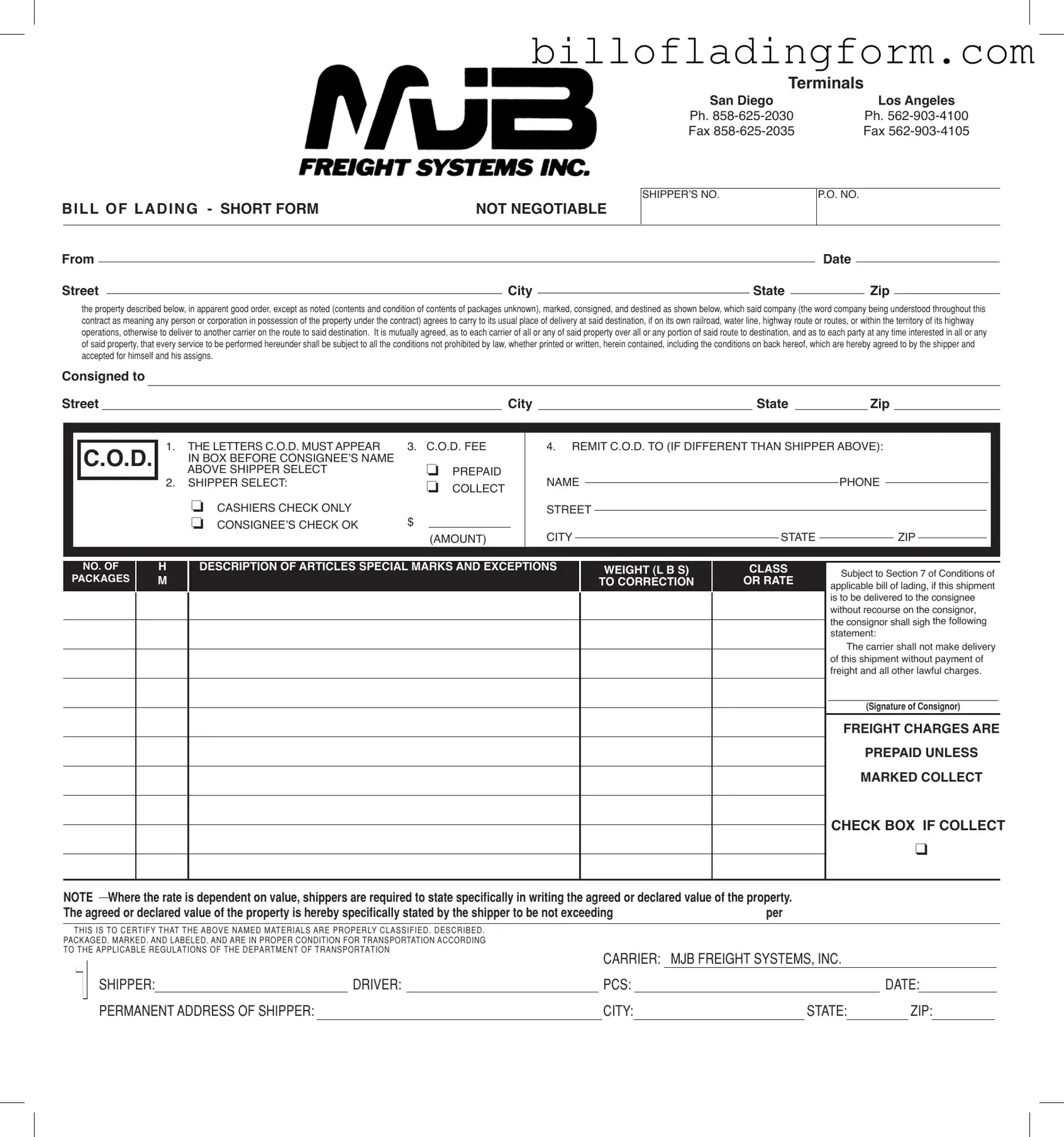 Fill Out a Valid Mjb Bill Of Lading Template