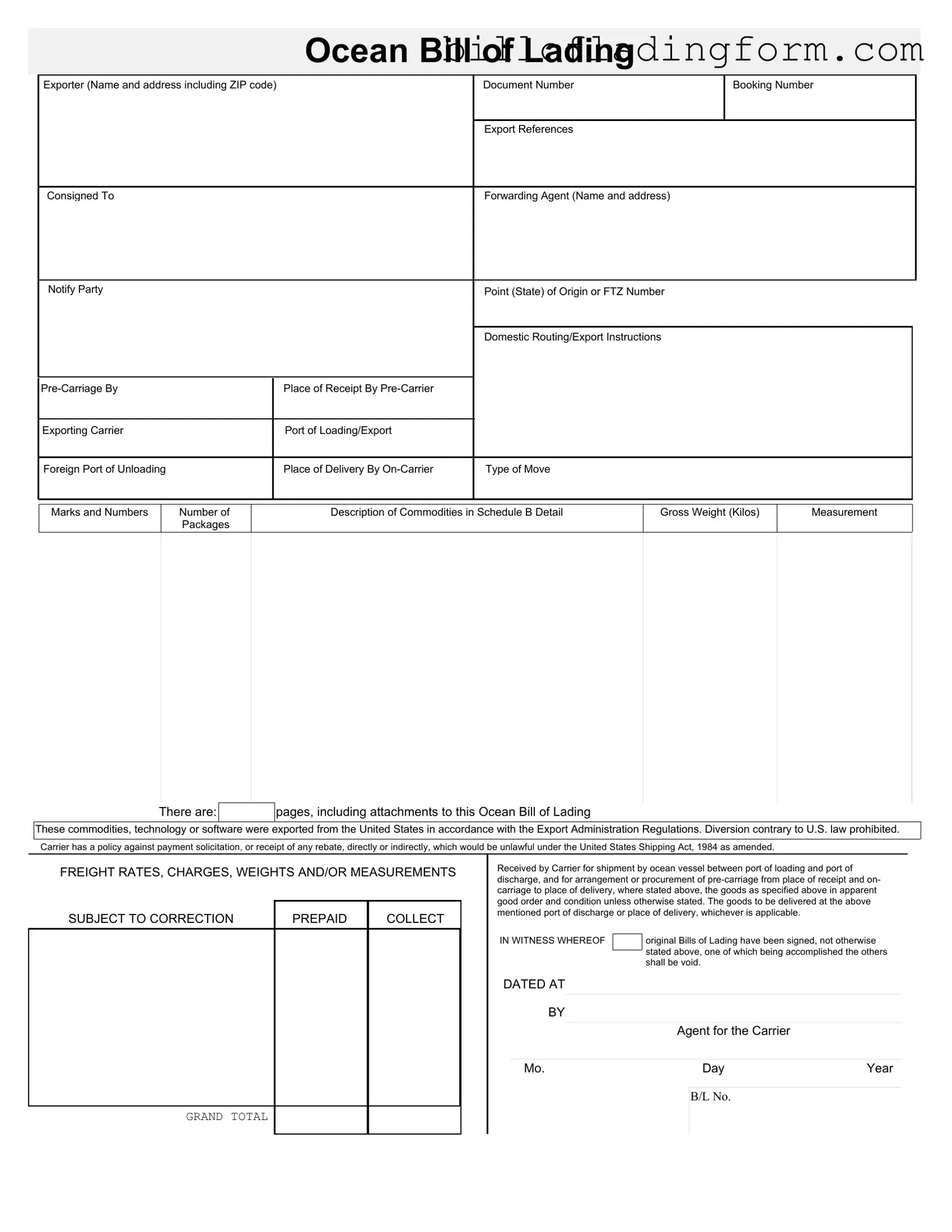 Fill Out a Valid Sample Ocean Bill Of Lading Template