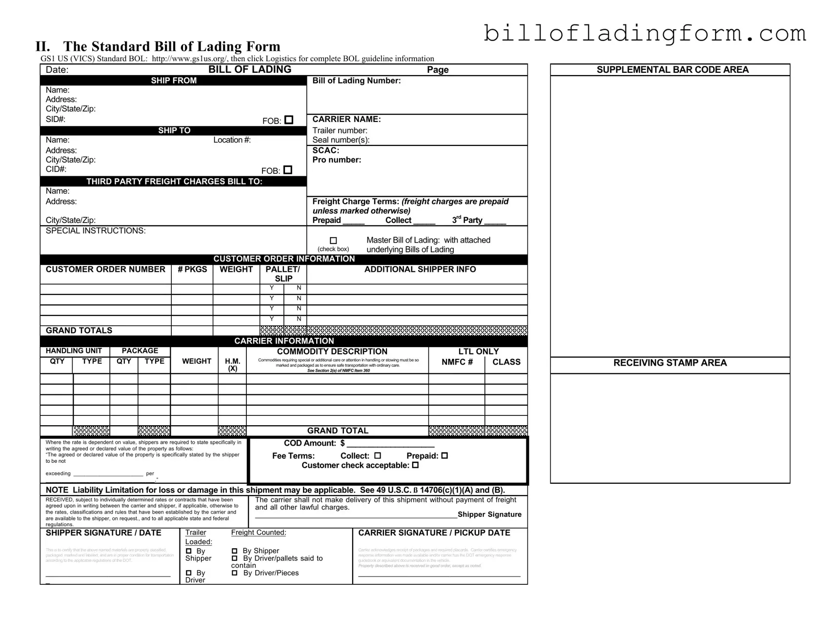 Fill Out a Valid Standard Bill Of Lading Template