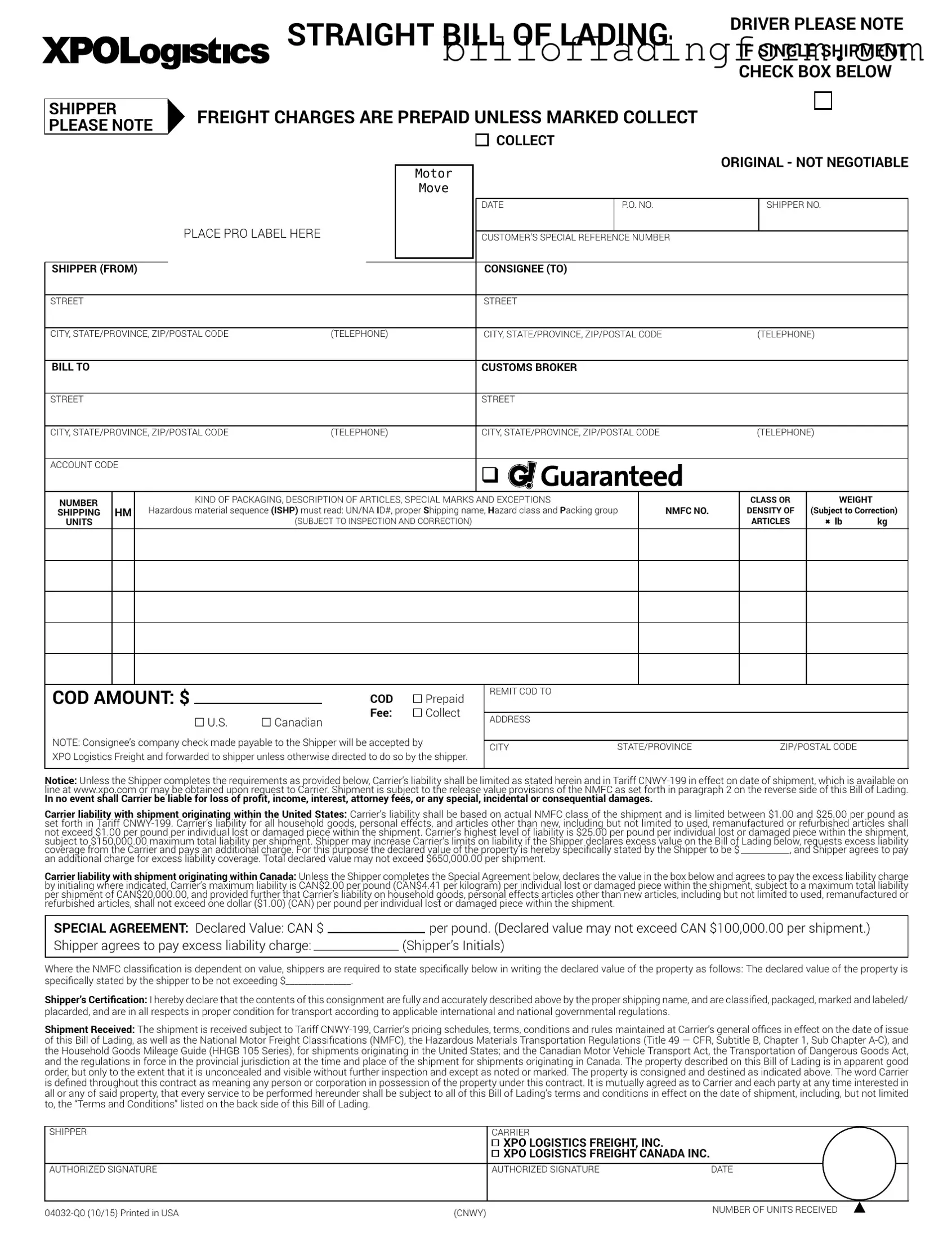 Fill Out a Valid Xpo Logistics Bill Of Lading Template